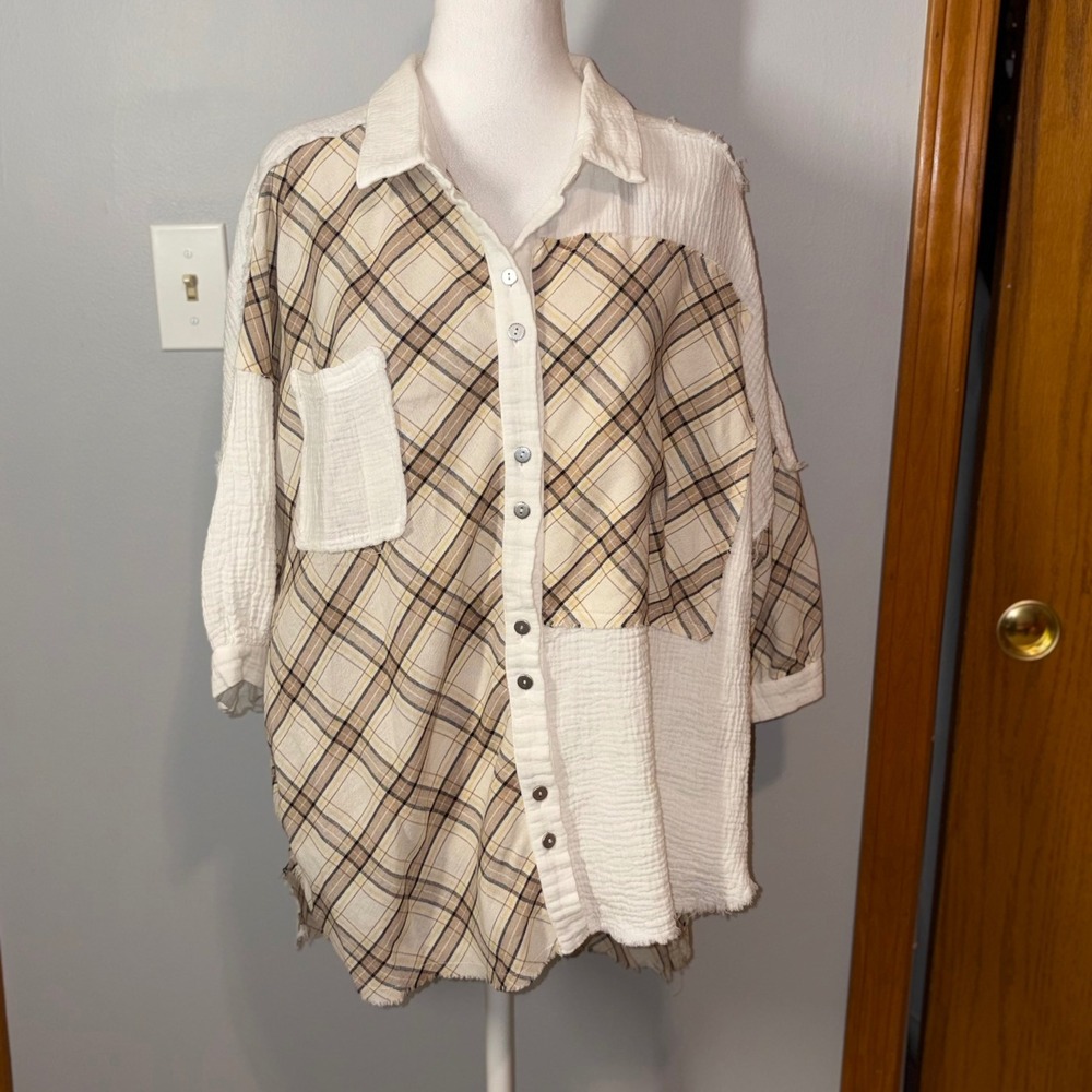 POL Plaid Button-Up Top Raw Hem gauzy oversized Patchwork Shirt Small